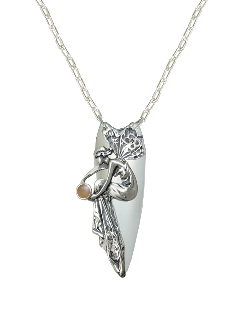 Sterling Silver Full Bodied Fairy Aromatherapy Pendant Necklace With Peach Moonstone